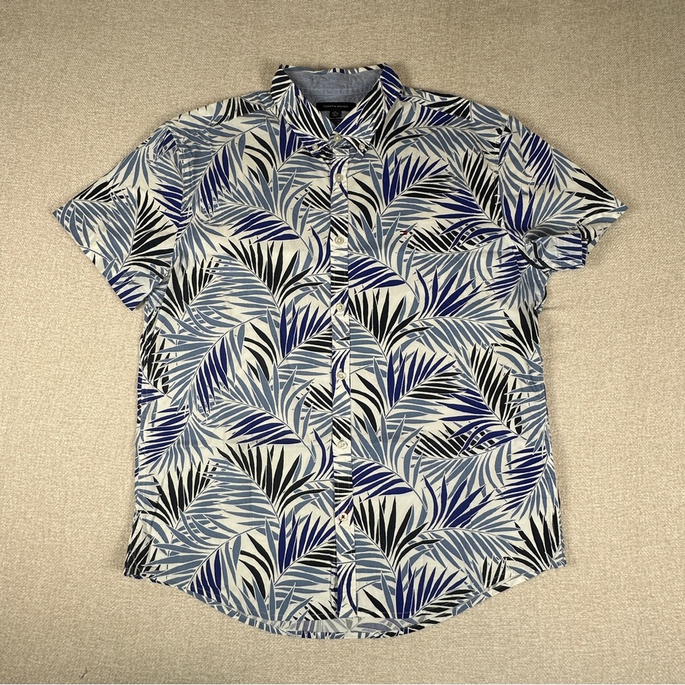 Tommy Hilfiger Slim Fit Button Down Shirt Mens XL Blue Black Leaf Print